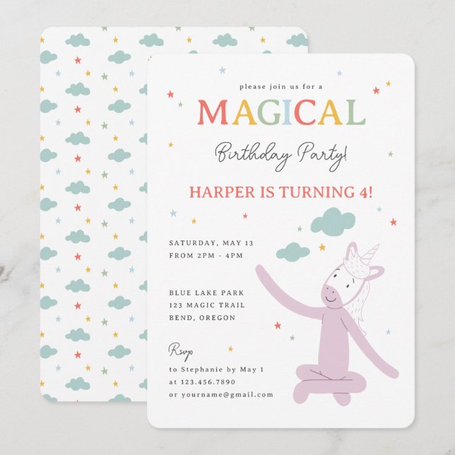 Convite Slumberkins Magical Rainbow Unicorn Birthday (Frente/Verso)