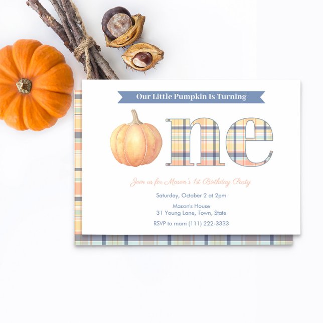 Convite Smart Pumpkin Madras Xadrez Boy Party (Preppy chic country plaid 1st birthday invitation for boy with autumn pumpkin theme)