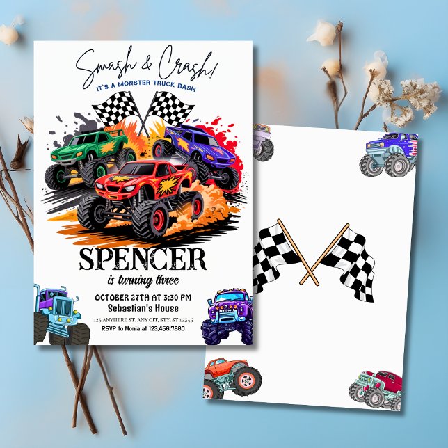 Convite Smash & Crash Monster Truck Bash aniversário de 3  (Smash & Crash Monster Truck Bash 3rd Birthday Invitation
)