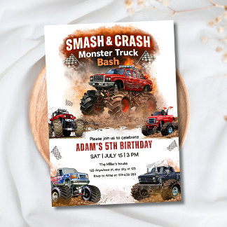 Convite Smash & Crash Monster Truck Bash Birthday Boys Car