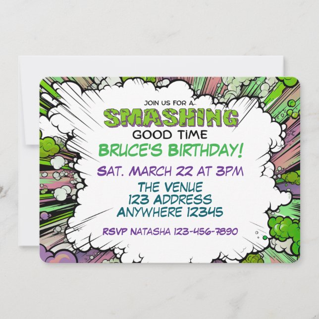 Convite Smashing Green Purple Comic Birthday (Frente)