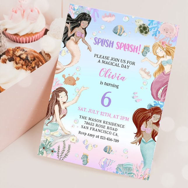 Convite Smermaid 6 Birthday Girl Splash Party (Criador carregado)