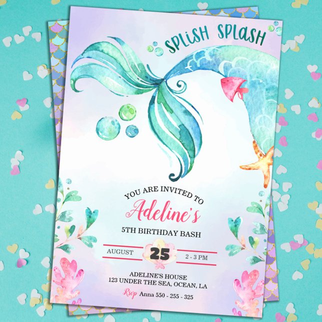 Convite Smermaid Watercolor Splash Splash Cute Aniversário (Mermaid Birthday Party Watercolor Invitation)