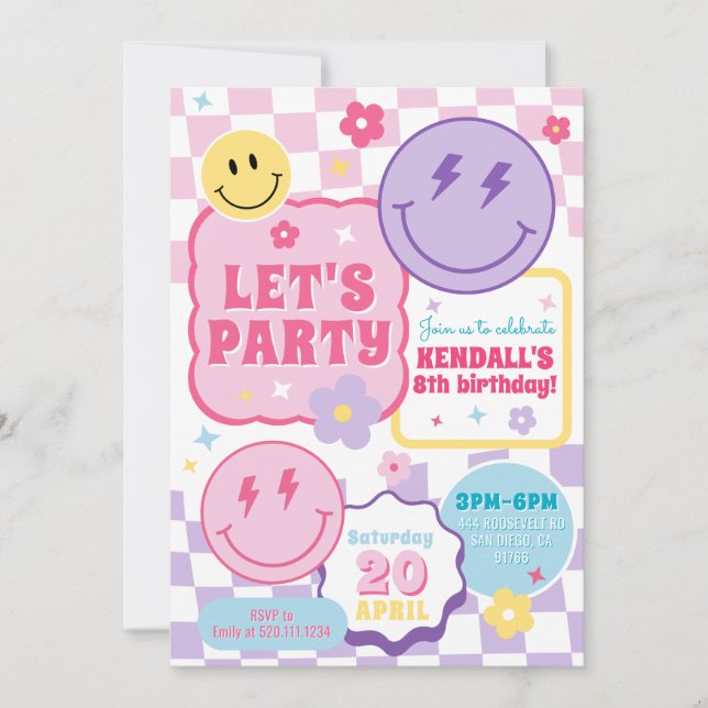Convite Smiley Preppy Face Colorful Birthday Invitation (Frente)