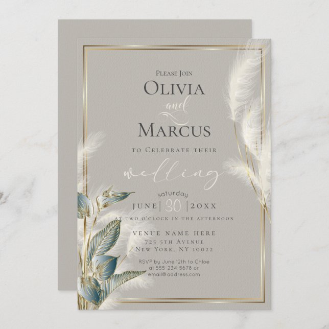 Convite Smokey Teal Anthurium e Feathery Pampas Grass (Frente/Verso)