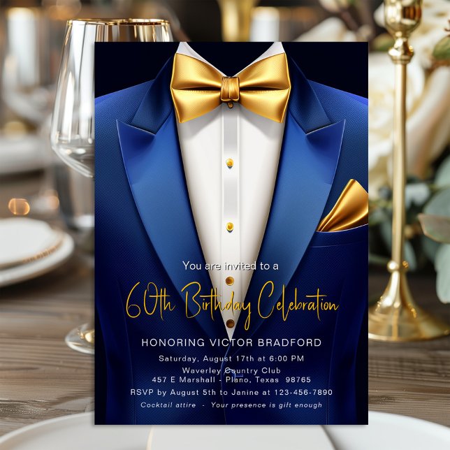 Convite Smoking Dourado Azul Real para Evento de Aniversár (Any number birthday and event invitation featuring a classy blue and gold tuxedo suit design.)
