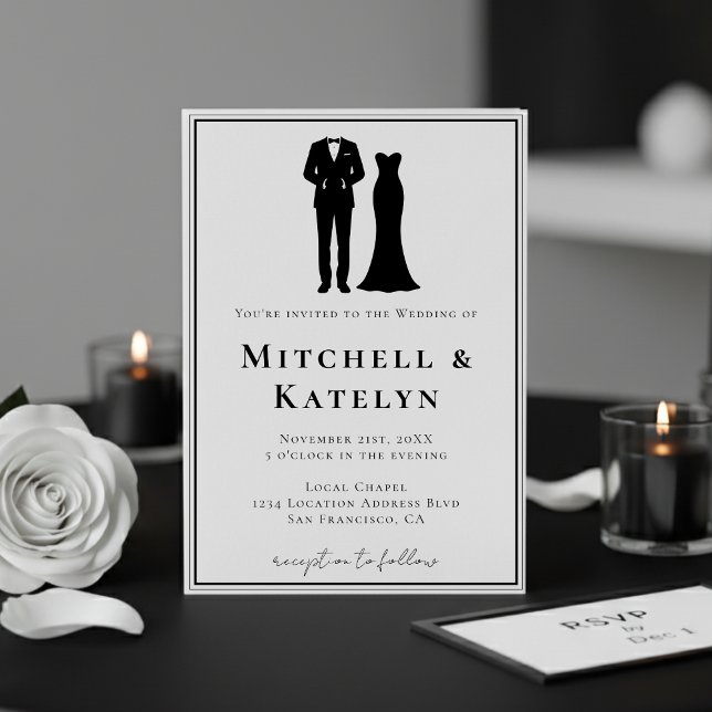 Convite Smoking e Vestido Borda Mínima Casamento Branco (Tuxedo & Dress Minimal Border Wedding Invitation
)