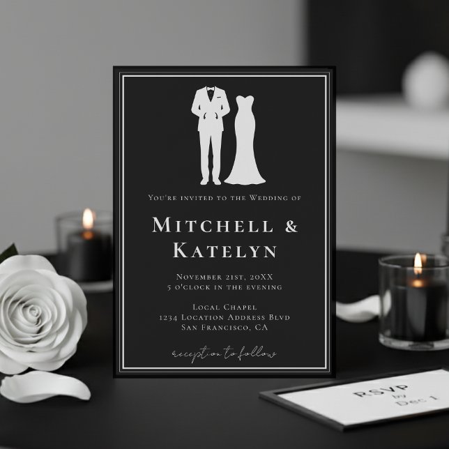 Convite Smoking e Vestido Borda Mínima Casamento Preto (Tuxedo & Dress Minimal Border Black Wedding Invitation
)