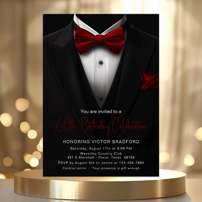 Convite Smoking Preto Bordeaux para Homens em Qualquer Ida (Tuxedo invitation with burgundy bow tie and pocket square. Simply add your event details.)