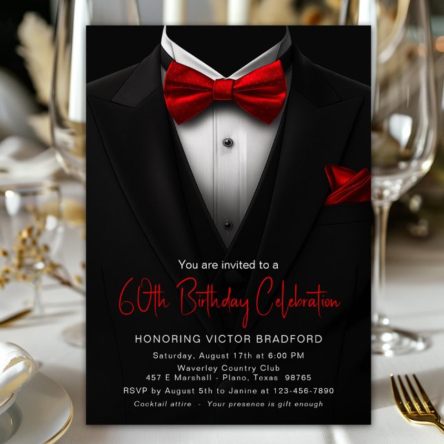 Convite Smoking Preto Vermelho para Homens em Qualquer Ida (Tuxedo and red tie any number birthday and event invitation. Simply add your event details.)