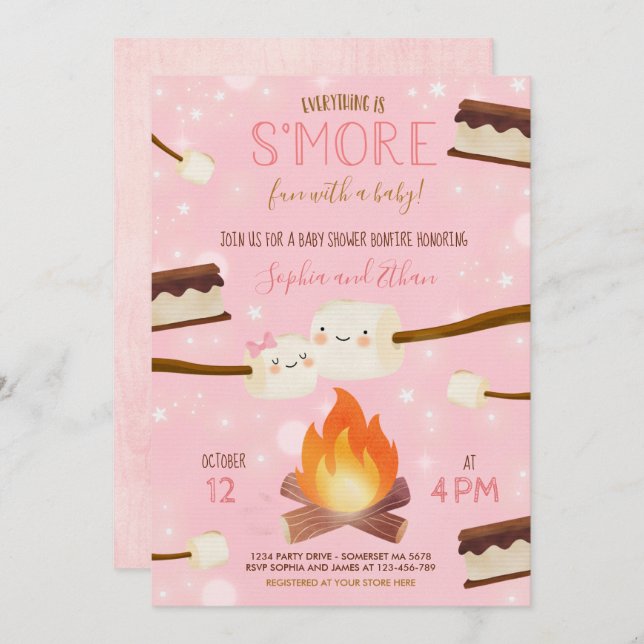 Convite S'more Pink Girl Bonfire Chá de fraldas (Frente/Verso)