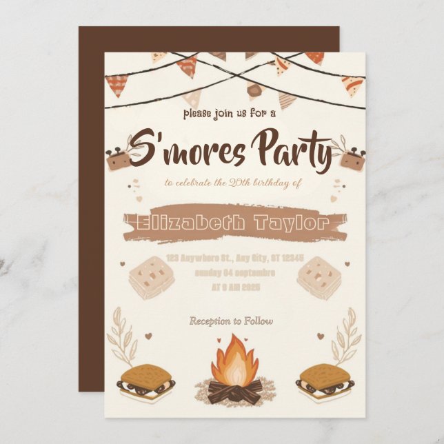 Convite S'mores Birthday Party Invitation – Cozy Campfire (Frente/Verso)