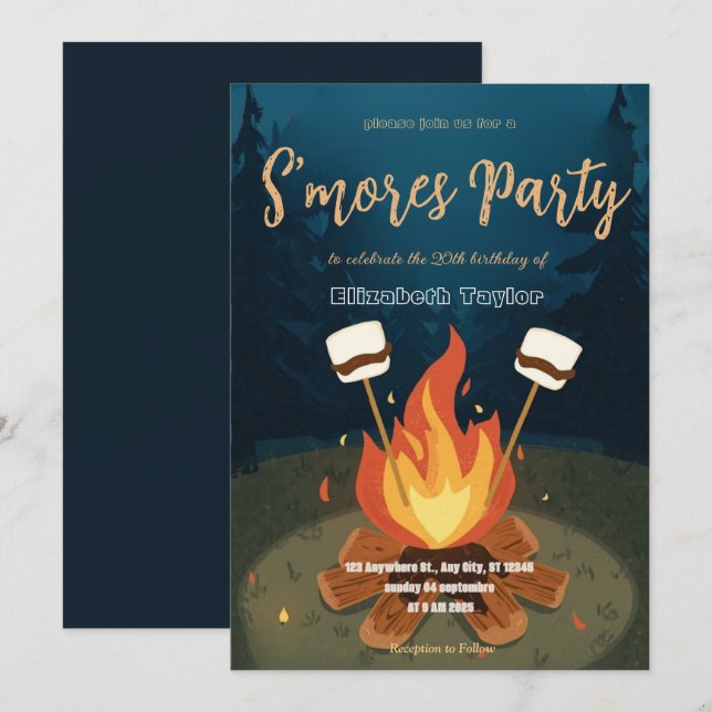 Convite S'mores Birthday Party Invitation – Cozy Campfire  (Frente/Verso)