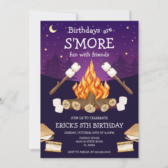 Convite S'mores Birthday Party S'mores Camping Birthday (Frente)
