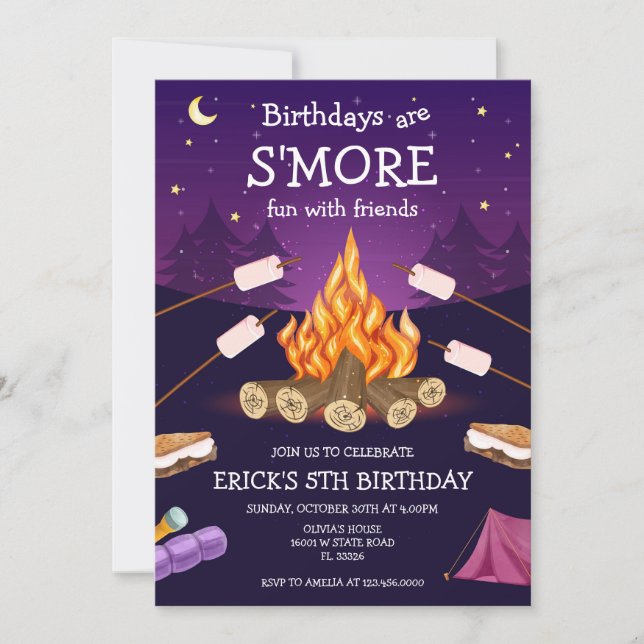 Convite S'mores Birthday Party S'mores Camping Birthday (Frente)