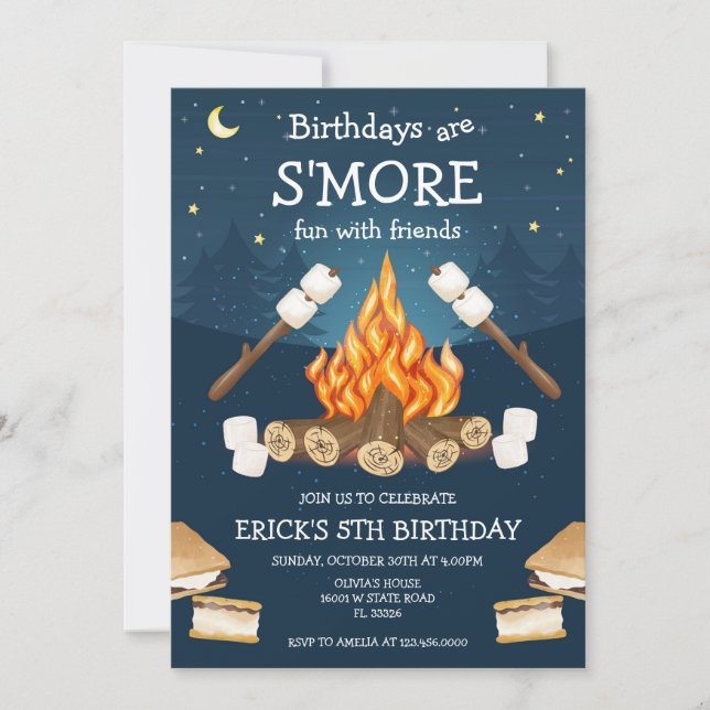 Convite S'mores Birthday Party S'mores Camping Birthday (Frente)