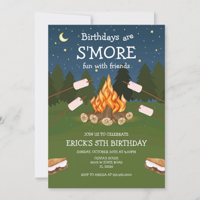 Convite S'mores Birthday Party S'mores Camping Birthday (Frente)