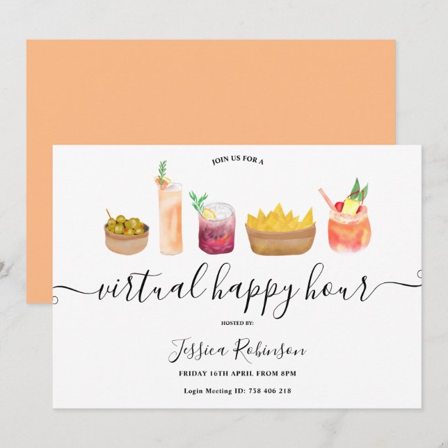 Convite Snacks coquetéis aquarela happy hours virtuais (Frente/Verso)