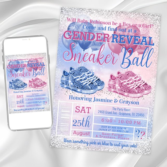 Convite Sneaker Ball Gender Revelar Chá de fraldas (Sneaker ball gender reveal invitation. Instant download and printed invitations available.)