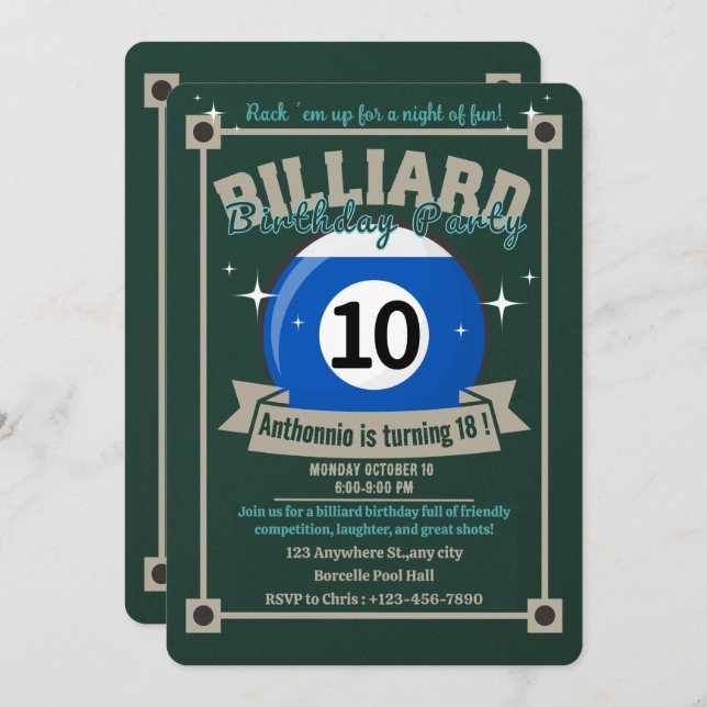 Convite Snooker Invite a Piscina Billiards Ball (Frente/Verso)