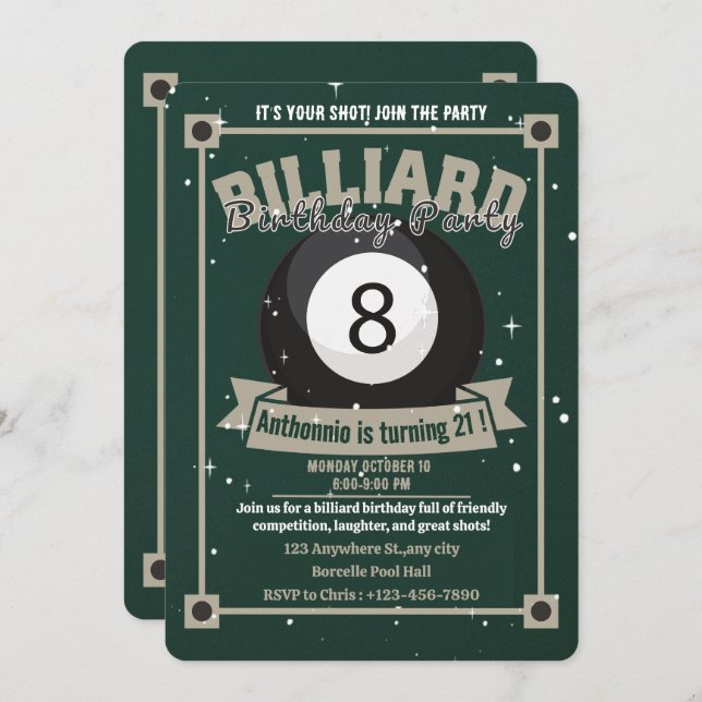 Convite Snooker Invite a Piscina Billiards Ball (Frente/Verso)