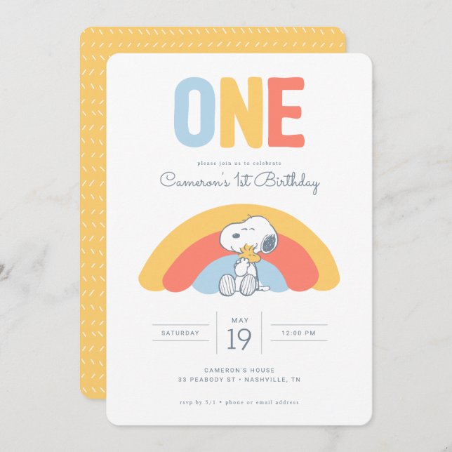 Convite Snoopy & Woodstock Rainbow Birthday (Frente/Verso)