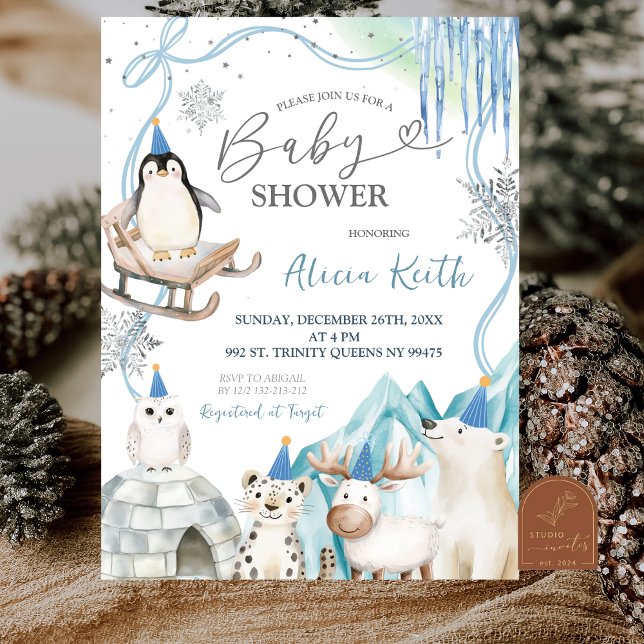 Convite Snow Boy Winter Arctic Animals Baby Shower (Criador carregado)