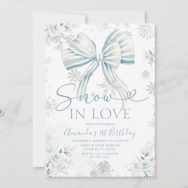 Convite Snow In Love Blue Bow Silver Snowflake Birthday (Frente)
