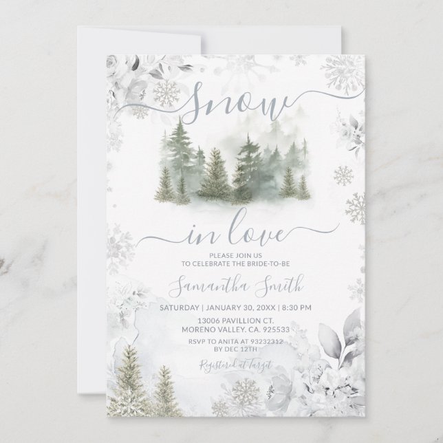 Convite Snow In Love Silver Winter Pine Tree Bridal Shower (Frente)