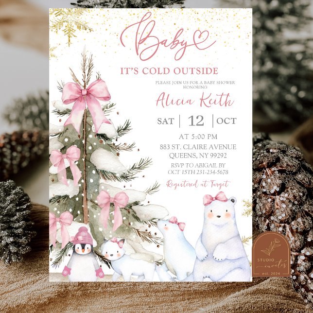 Convite Snow Pink Winter Arctic Animals Baby Shower (Criador carregado)