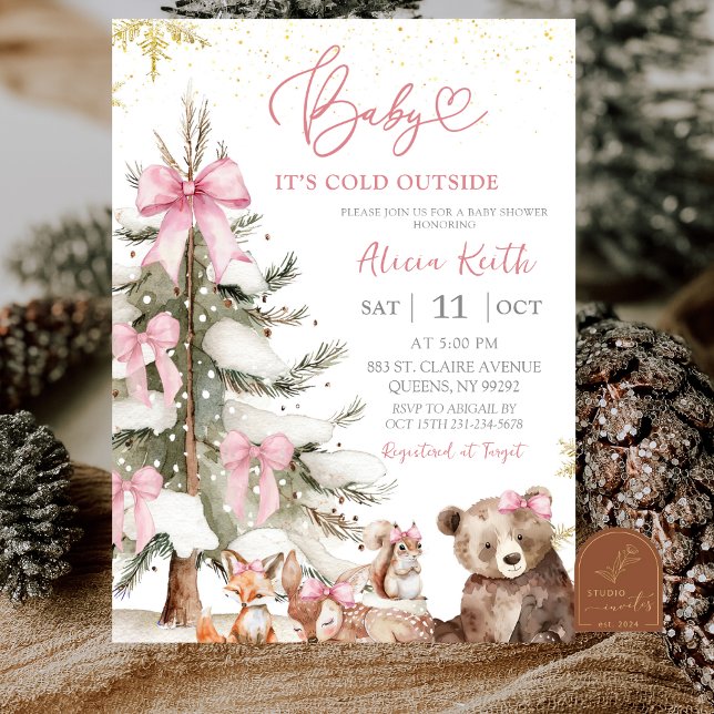 Convite Snow Pink Winter Woodland Baby Shower Invitation (Criador carregado)