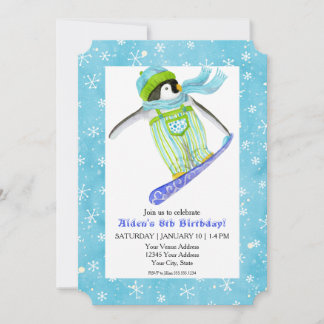 Convite Snowboard Penguin Festa de aniversário Snowboard S