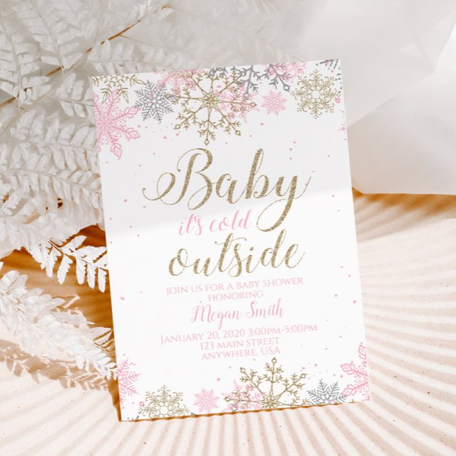 Convite Snowflake Pink and Gold Glitter Winter Baby Shower (Criador carregado)