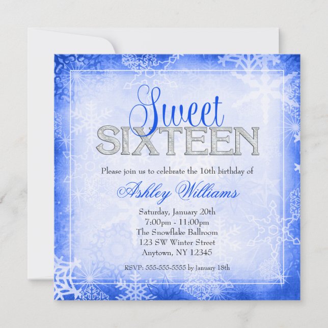 Convite Snowflake Sparkle Blue Winter Wonderland Sweet 16 (Frente)
