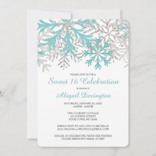 Convite Snowflake Teal Blue Silver Winter Sweet 16 Invites