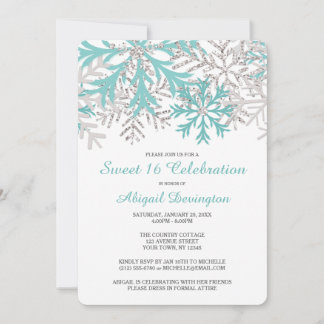 Convite Snowflake Teal Blue Silver Winter Sweet 16 Invites