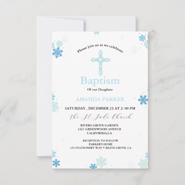 Convite Snowflake Winter Cross Baptism (Frente)