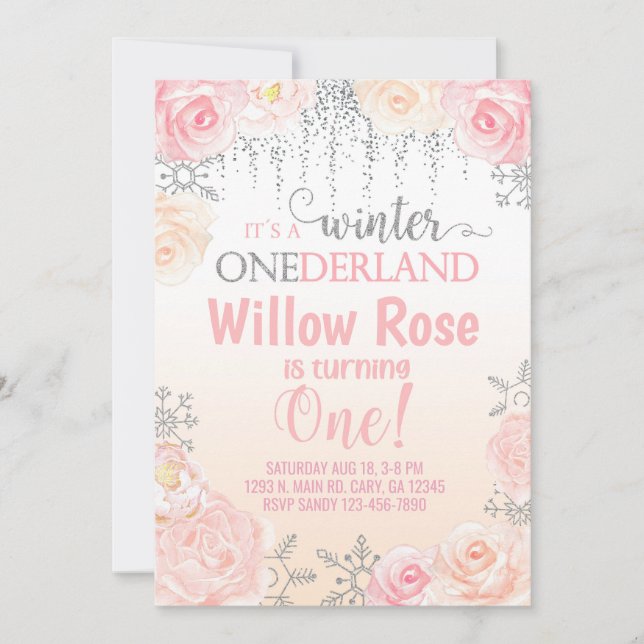 Convite Snowflake Winter girl 1rua primeira chamada de ani (Frente)