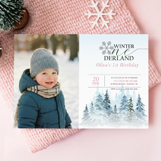Convite Snowflake Winter Onederland 1st Birthday Kid Photo