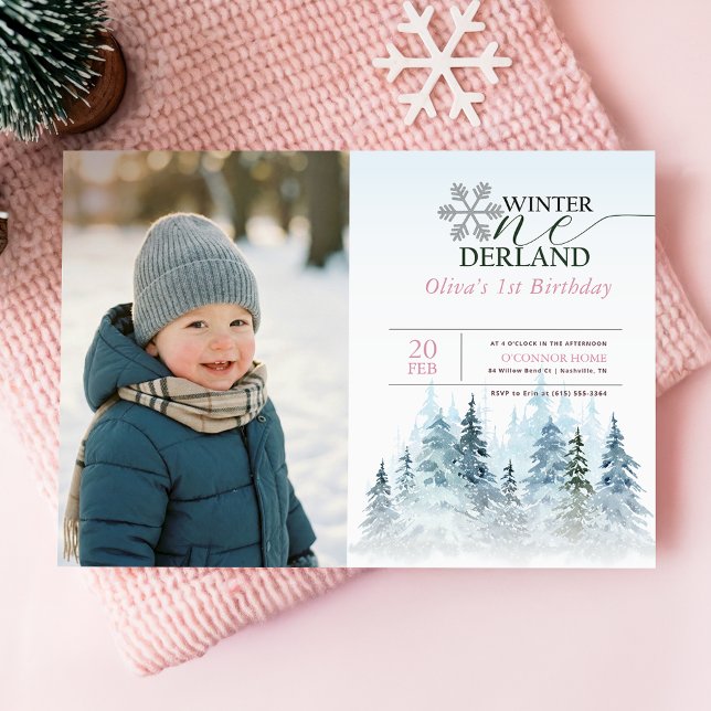 Convite Snowflake Winter Onederland 1st Birthday Kid Photo (Criador carregado)