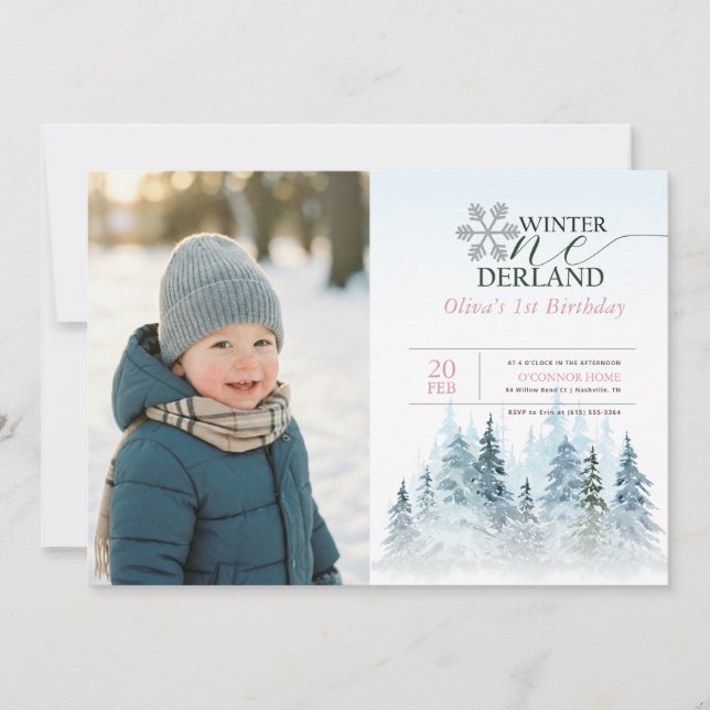 Convite Snowflake Winter Onederland Kid Photo 1st Birthday (Frente)