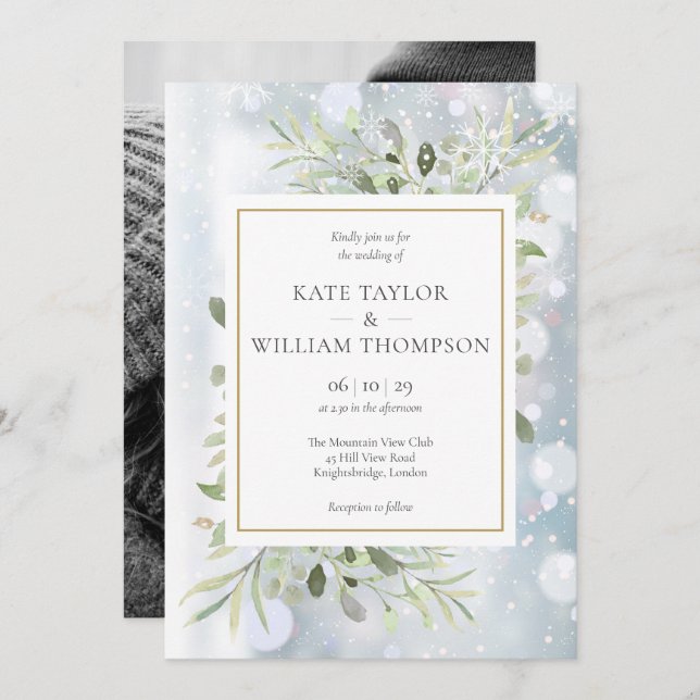 Convite Snowflakes Greenerase deixa Casamento no inverno f (Frente/Verso)