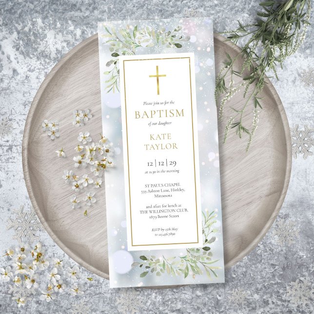 Convite Snowflakes Greenery Winter Baptism Christening Inv (Snowflakes Greenery Winter Baptism Christening Inv Invitation)