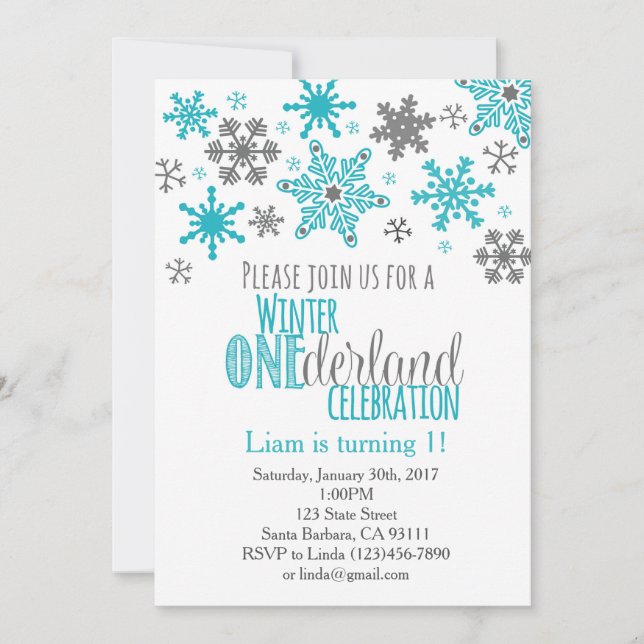 Convite Snowflakes ONEderland Birthday Invitation-Aqua (Frente)