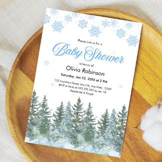 Convite Snowflakes Pine Trees Winter Baby Shower