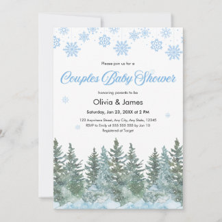 Convite Snowflakes Pine Trees Winter Couples Baby Shower