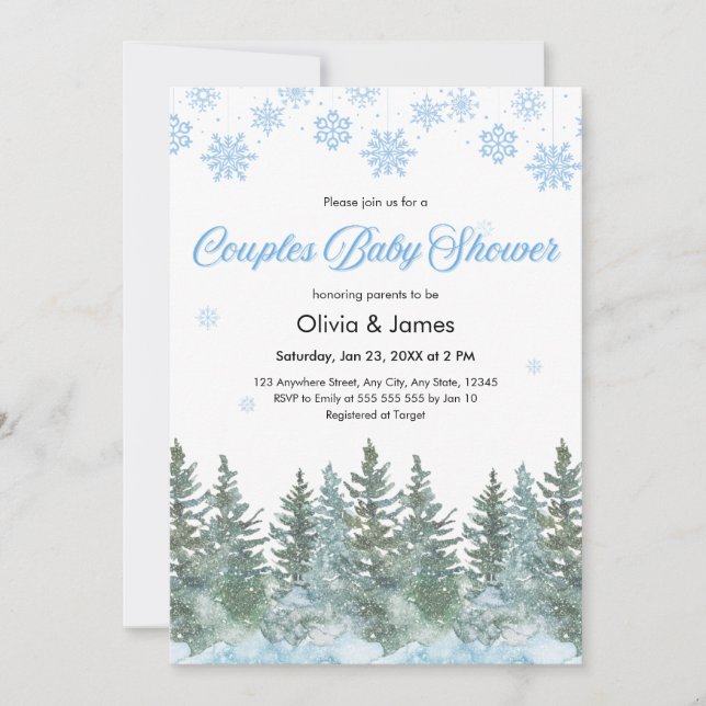 Convite Snowflakes Pine Trees Winter Couples Baby Shower (Frente)