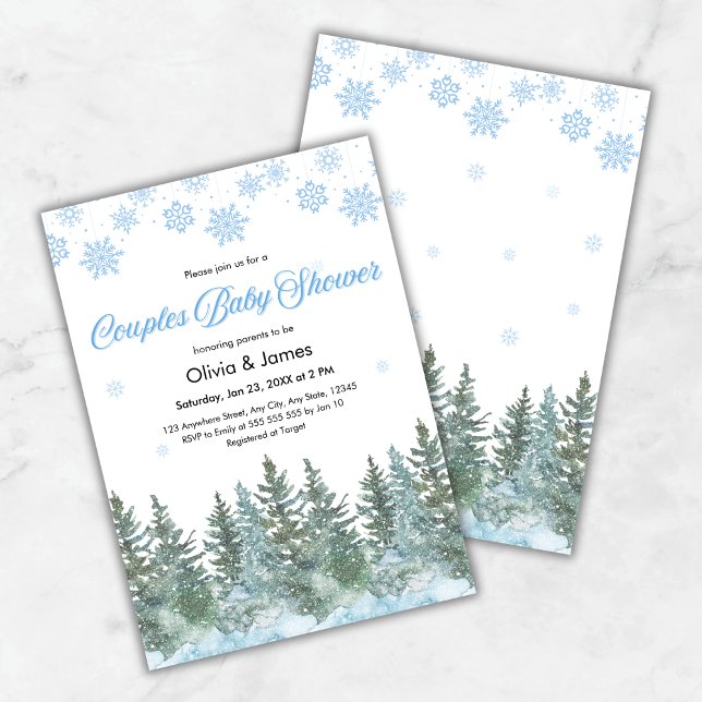 Convite Snowflakes Pine Trees Winter Couples Baby Shower (Snowflakes Pine Trees Winter Couples Baby Shower Invitation  )