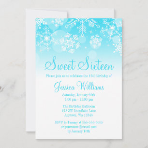 Convite Snowflakes Teal White Winter Wonderland Sweet 16