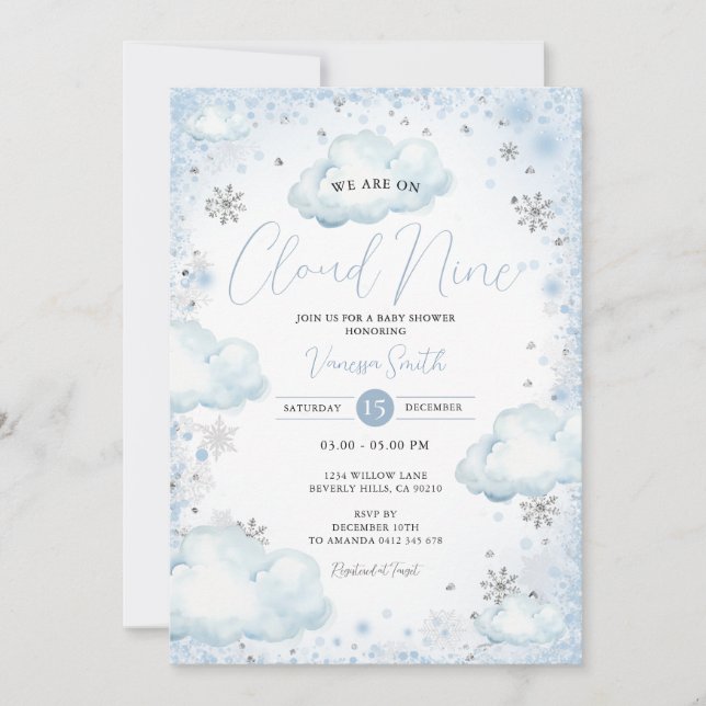 Convite Snowflakes Winter We Are On Cloud Nine Baby Shower (Frente)
